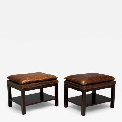 Georgian Style Distressed Brown Leather Mahogany Ottomans USA 20th C 