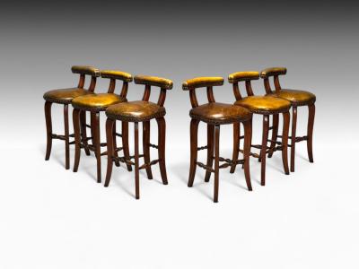 Georgian Style Distressed Brown Leather Stained Wood Six Bar Stools 20th C 