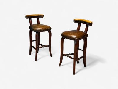 Georgian Style Distressed Brown Leather Stained Wood Six Bar Stools 20th C 