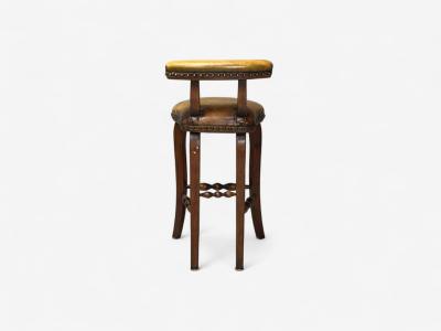 Georgian Style Distressed Brown Leather Stained Wood Six Bar Stools 20th C 