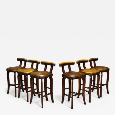 Georgian Style Distressed Brown Leather Stained Wood Six Bar Stools 20th C 