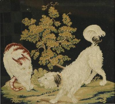 Georgian Woolwork Embroidery of Dog Cat