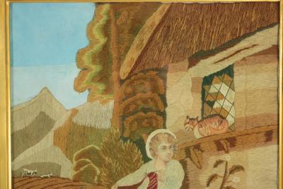 Georgian Woolwork Picture of Child Playing With Cat