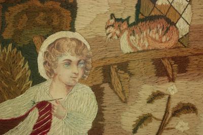 Georgian Woolwork Picture of Child Playing With Cat