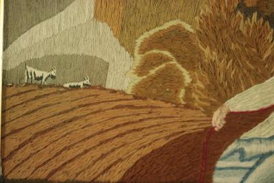 Georgian Woolwork Picture of Child Playing With Cat