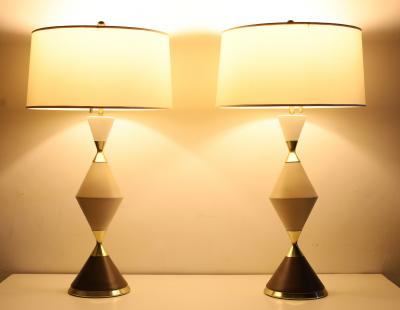 Gerald Thurston Gerald Thurston for Lightolier Hourglass Porcelain and Brass Table Lamps