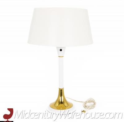 Gerald Thurston Mid Century White Aluminum and Brass Table Lamp with Original Shade and Dimmer