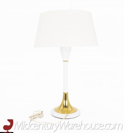 Gerald Thurston Mid Century White Aluminum and Brass Table Lamp with Original Shade and Dimmer