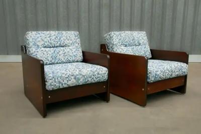Geraldo de Barros Brazilian Modern Pair of Armchairs in Wood Fabric Geraldo de Barros 1970s