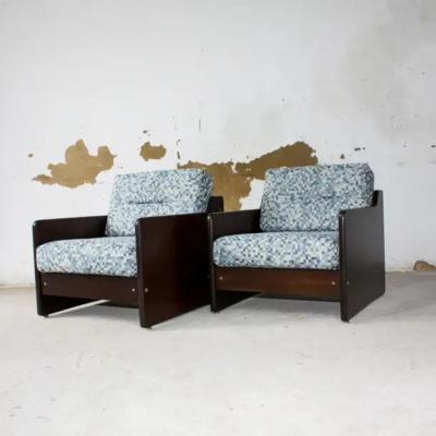Geraldo de Barros Brazilian Modern Pair of Armchairs in Wood Fabric Geraldo de Barros 1970s