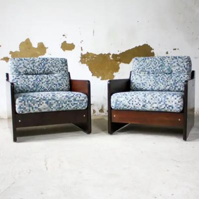 Geraldo de Barros Brazilian Modern Pair of Armchairs in Wood Fabric Geraldo de Barros 1970s