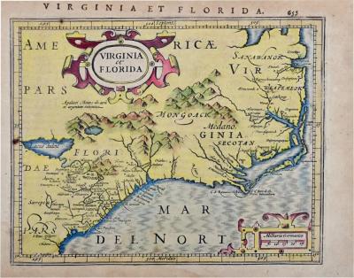 Gerard Mercator Florida and Virginia A 17th Century Hand colored Map by Hondius after Mercator