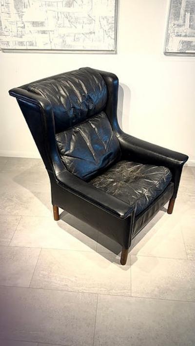 Gerhard Berg Rare Norwegian Modern Black Leather and Teak Wing Chair Gerhard Berg