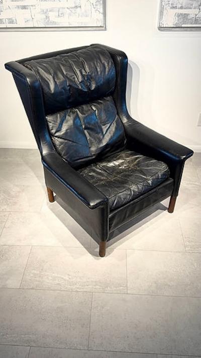 Gerhard Berg Rare Norwegian Modern Black Leather and Teak Wing Chair Gerhard Berg