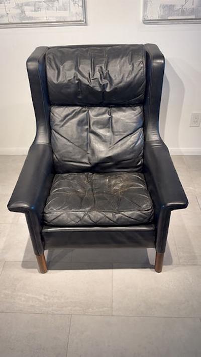 Gerhard Berg Rare Norwegian Modern Black Leather and Teak Wing Chair Gerhard Berg