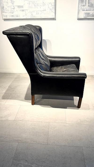 Gerhard Berg Rare Norwegian Modern Black Leather and Teak Wing Chair Gerhard Berg