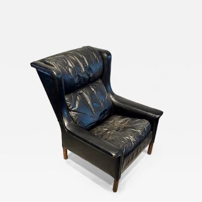 Gerhard Berg Rare Norwegian Modern Black Leather and Teak Wing Chair Gerhard Berg