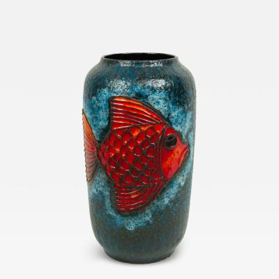 German Blue and Orange Ceramic Fish Design Vase