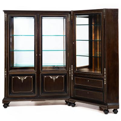 German Edwardian Ebony and Inlaid Two Part Corner Display Cabinet circa 1900
