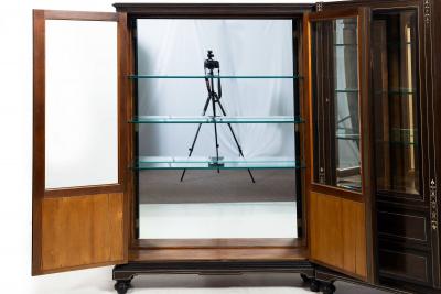 German Edwardian Ebony and Inlaid Two Part Corner Display Cabinet circa 1900