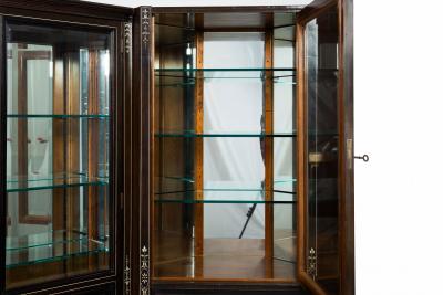 German Edwardian Ebony and Inlaid Two Part Corner Display Cabinet circa 1900