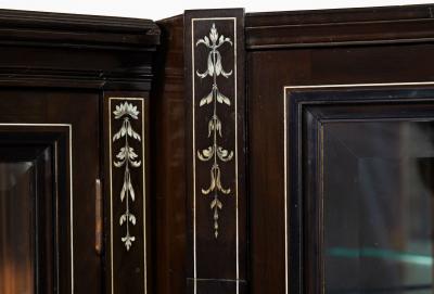 German Edwardian Ebony and Inlaid Two Part Corner Display Cabinet circa 1900