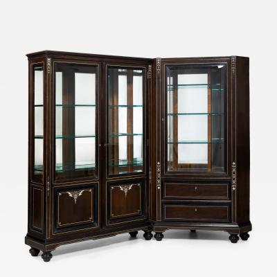 German Edwardian Ebony and Inlaid Two Part Corner Display Cabinet circa 1900