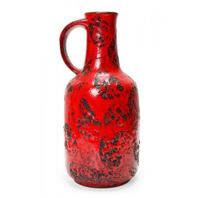 German Mid Century Fat Lava Red and Black Glazed Ceramic Vase with Handle