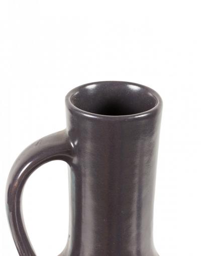 German Mid Century Vertical Vine Design Black Glazed Ceramic Handled Vase
