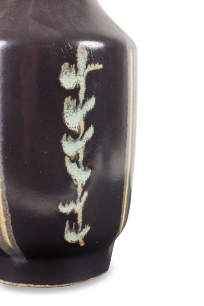 German Mid Century Vertical Vine Design Black Glazed Ceramic Handled Vase