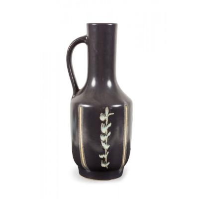 German Mid Century Vertical Vine Design Black Glazed Ceramic Handled Vase