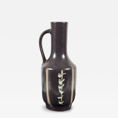 German Mid Century Vertical Vine Design Black Glazed Ceramic Handled Vase
