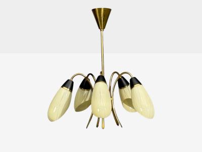 German Modern Five Light Chandelier Brass Metal Glass Germany 1950s