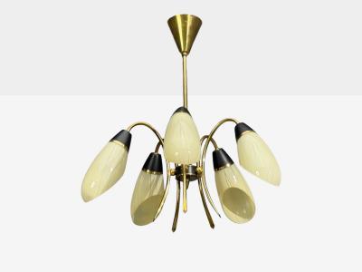 German Modern Five Light Chandelier Brass Metal Glass Germany 1950s