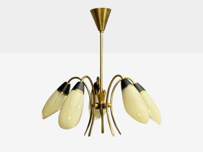 German Modern Five Light Chandelier Brass Metal Glass Germany 1950s