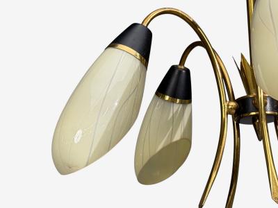 German Modern Five Light Chandelier Brass Metal Glass Germany 1950s