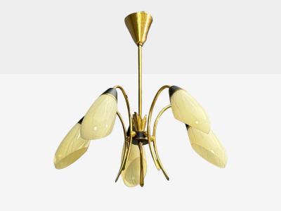 German Modern Five Light Chandelier Brass Metal Glass Germany 1950s