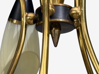 German Modern Five Light Chandelier Brass Metal Glass Germany 1950s