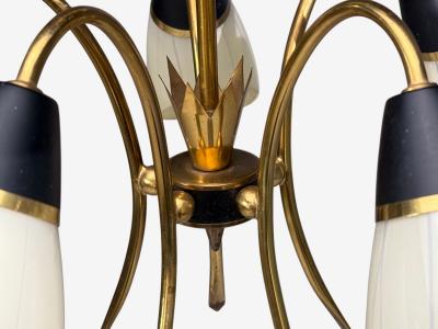 German Modern Five Light Chandelier Brass Metal Glass Germany 1950s