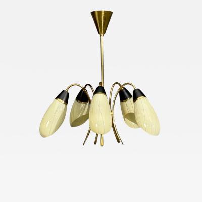 German Modern Five Light Chandelier Brass Metal Glass Germany 1950s