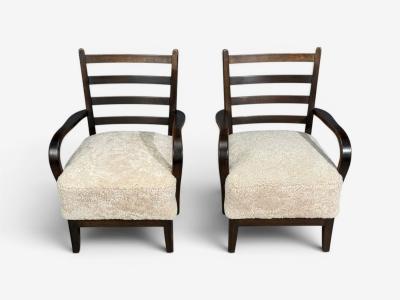 German Modern Lounge Chairs Oak Beige Shearling Germany 1940s
