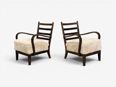 German Modern Lounge Chairs Oak Beige Shearling Germany 1940s