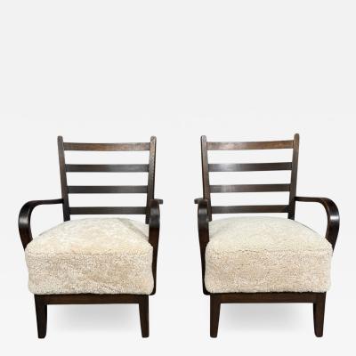 German Modern Lounge Chairs Oak Beige Shearling Germany 1940s