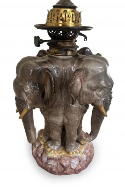 German Porcelain 3 Elephant Head Lamp