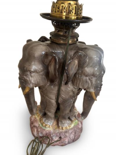 German Porcelain 3 Elephant Head Lamp