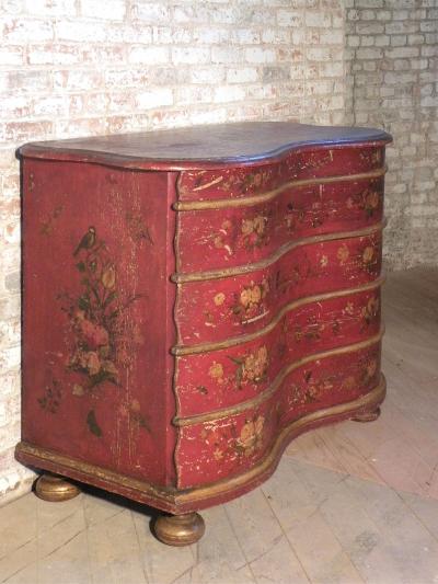 German Red Painted 18th Century Serpentine Front Commode