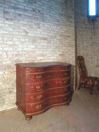 German Red Painted 18th Century Serpentine Front Commode