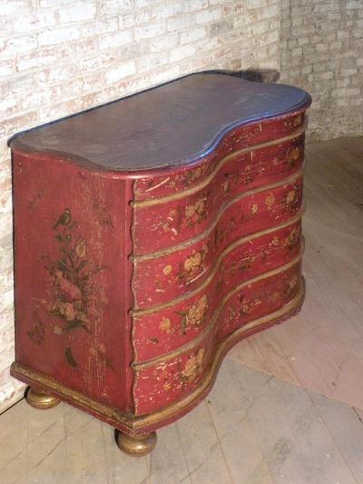 German Red Painted 18th Century Serpentine Front Commode