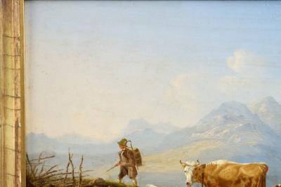 German School 19th Century Mountainscape Painting of Cattle and Sheep