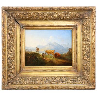 German School 19th Century Oil Painting of a Hiker in an Alpine Landscape